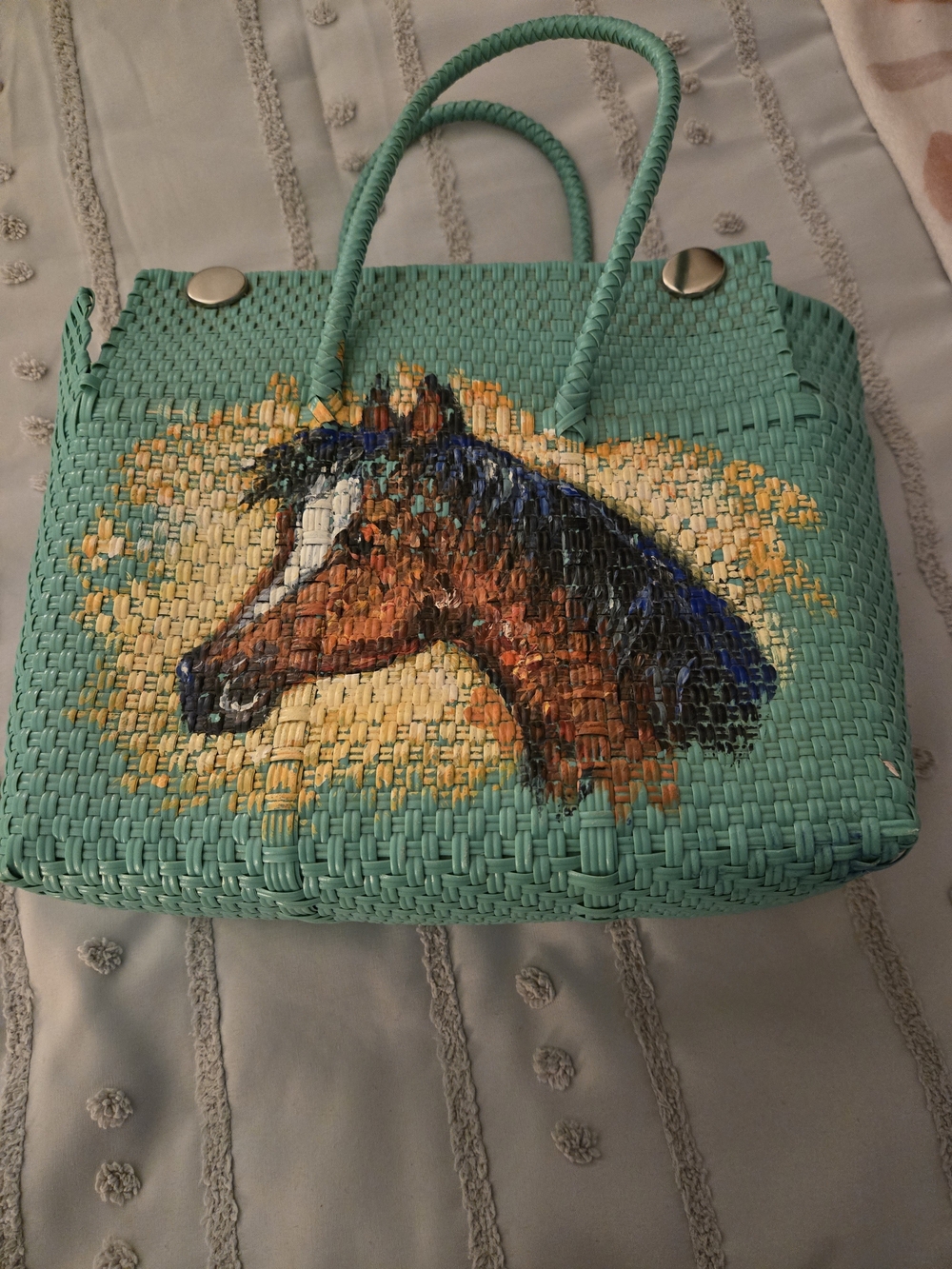 Turquoise Woven Handbag with Painted Horse Motif